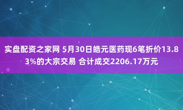 实盘配资之家网 5月30日皓元医药现6笔折价13.83%的大宗交易 合计成交2206.17万元
